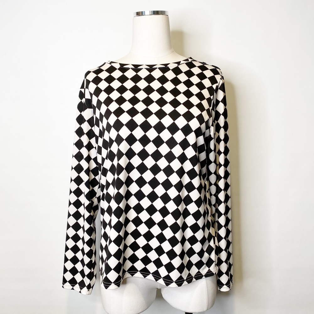 Bob Mackie |‎ Vintage Black White Checkerboard Checkers Spandex Long Sleeve Top